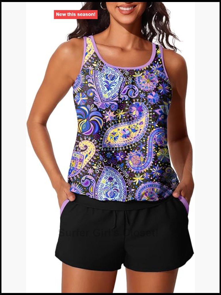 Tankini With Sporty Pockets Tummy Control Modest Two Piece Bathing Suit